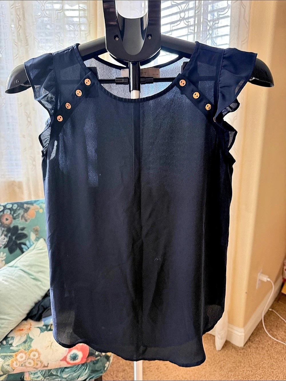 LOFT Ruffle Sleeve Blouse in Blue Size XS Petite Like New